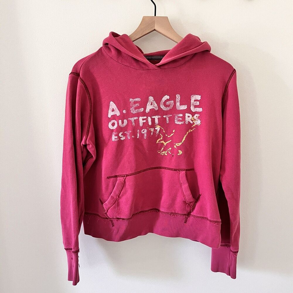 Vintage American Eagle Y2K Hoodie Sweatshirt Pullover Pink Womens - Large